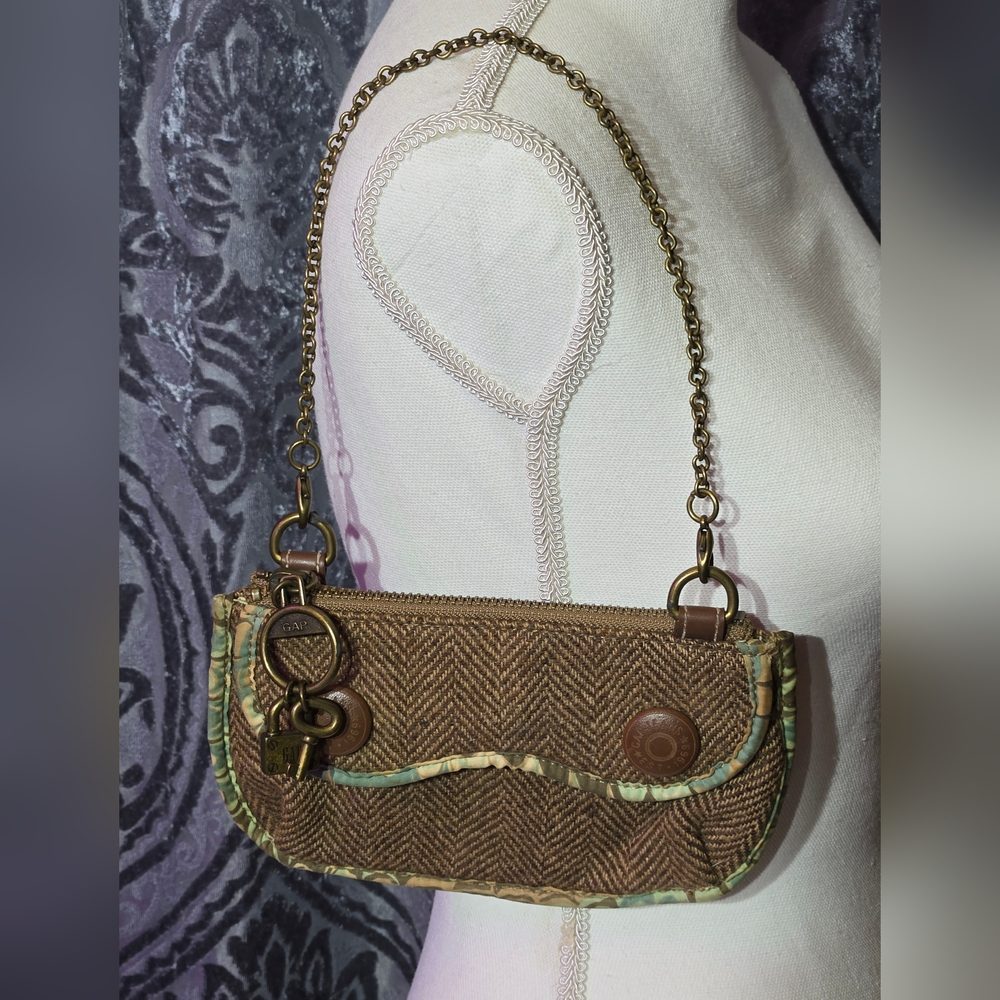 Brown Herringbone Wristlet with Chain Strap